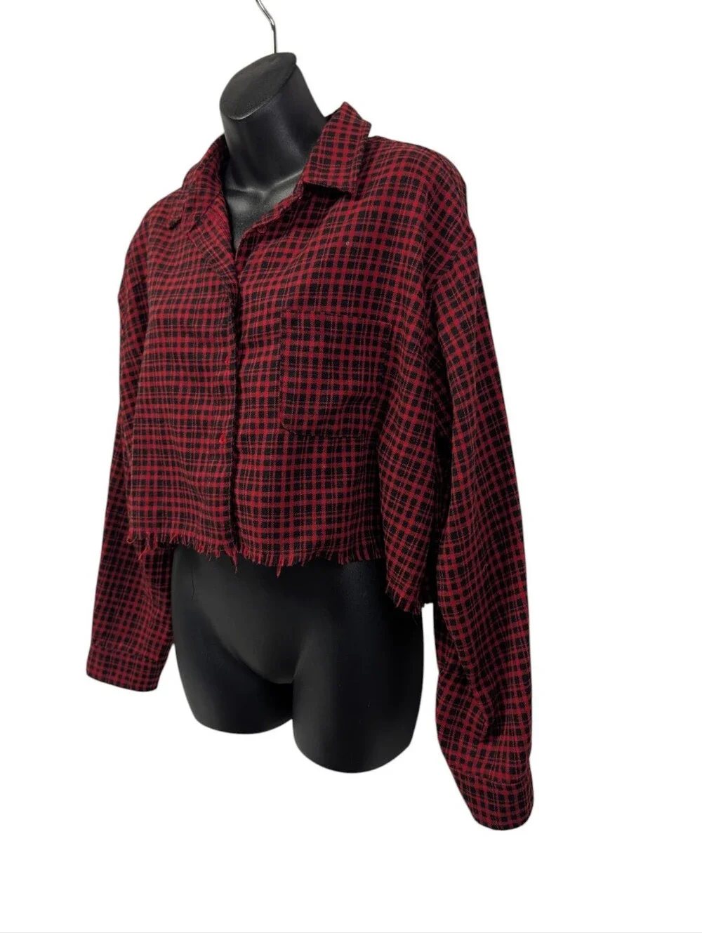 HYFVE Womens Red Black Plaid Collared Button-Up Fringe Cropped Shirt Sz L